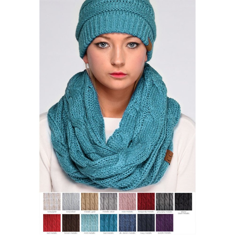 C.C Metallic Ribbed Cable Knit Infinity Loop Scarf - Picture 2 of 2